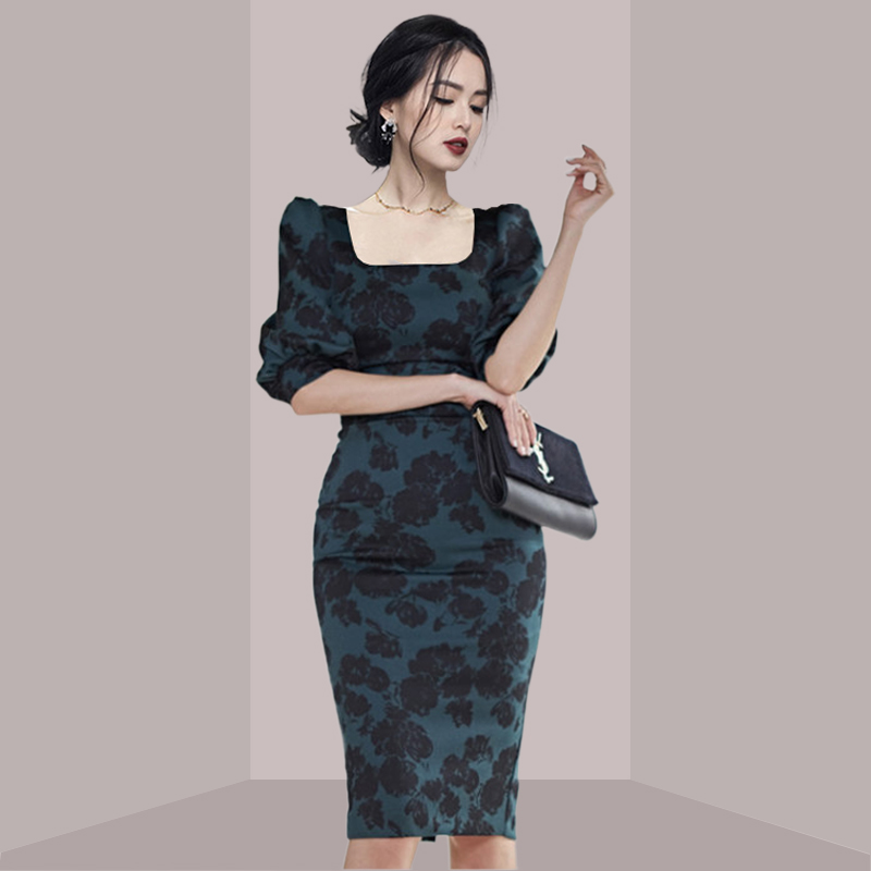 French Vintage Floral Midi Dress - Gaun midi bermotif bunga yang elegan