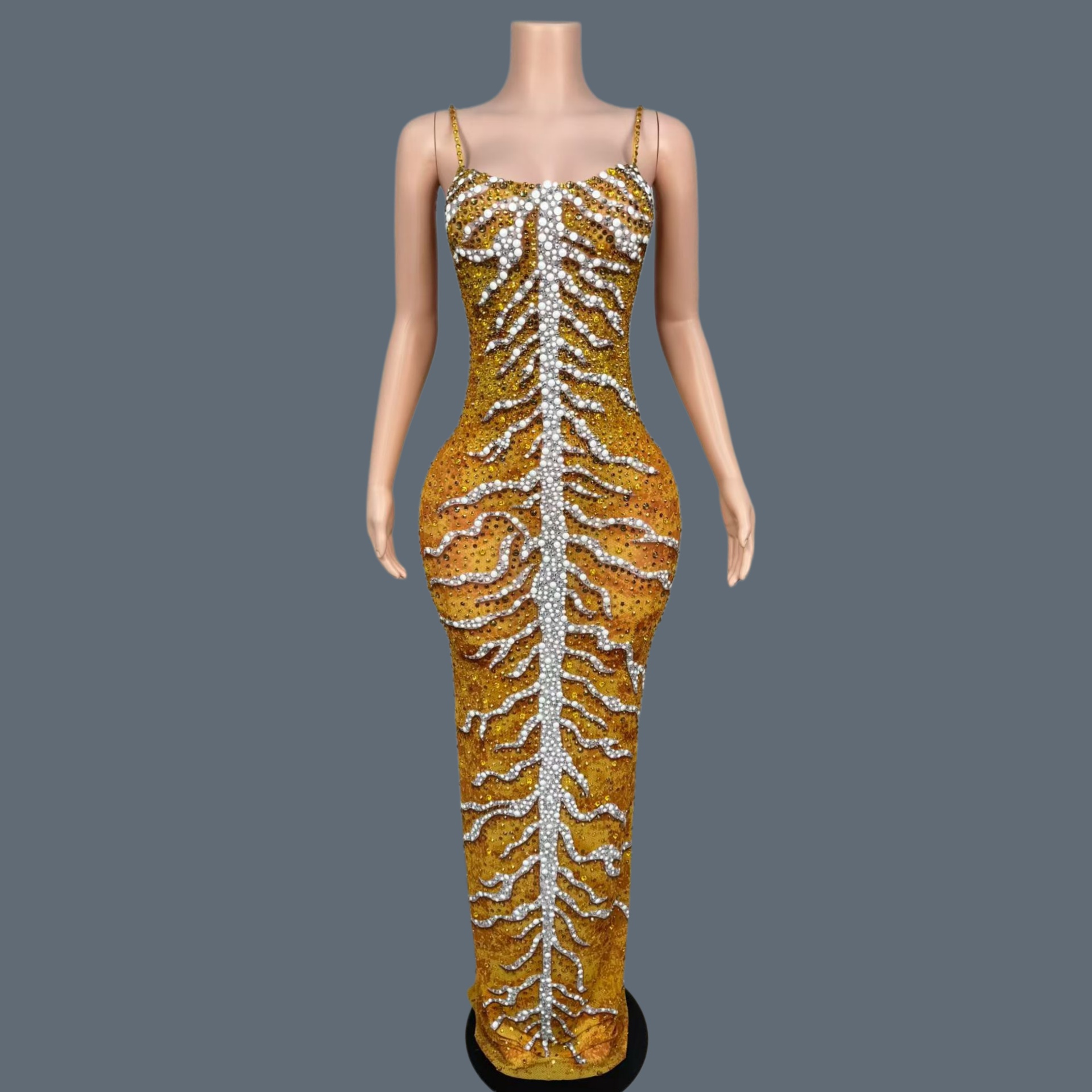 Sparkly Rhinestone Club Party Dress - Gaun Panjang Elegan Berbahan Spandeks Berkilauan