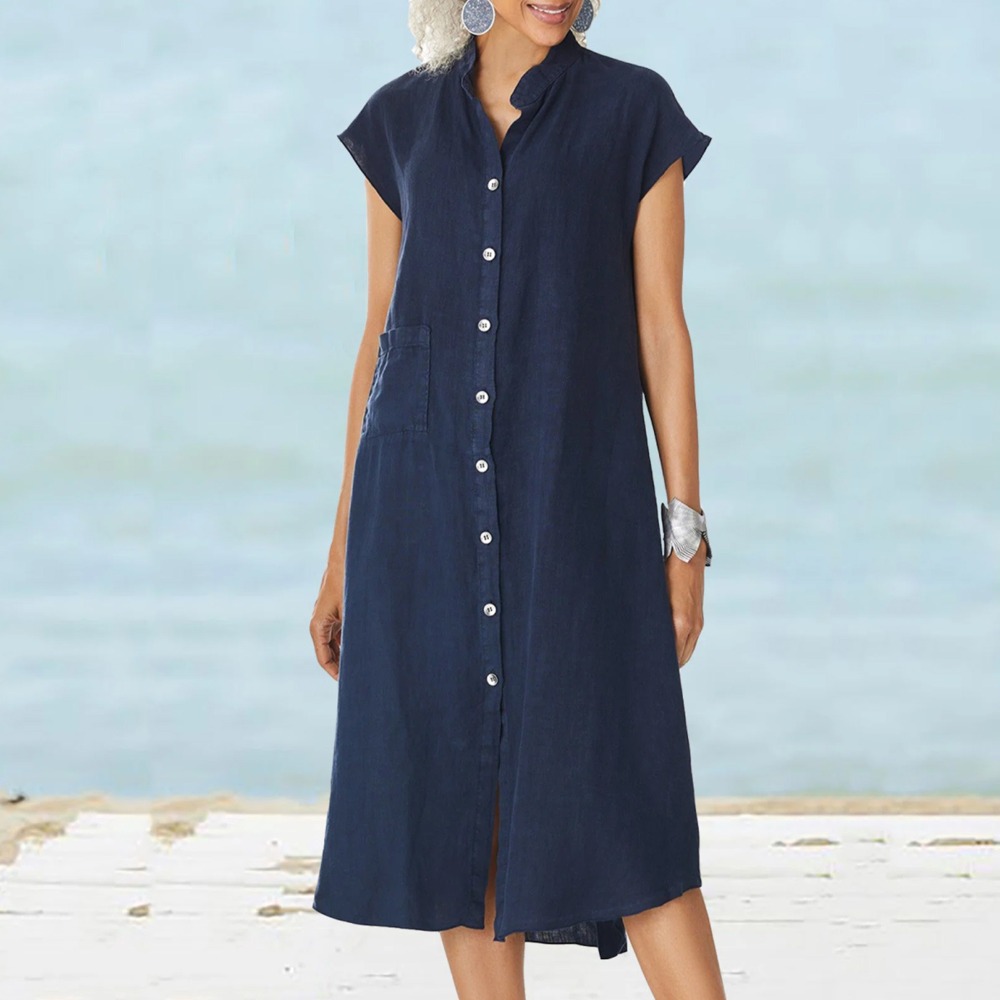Gaun Kemeja Hitam Kasual Wanit - Casual Loose Linen Shirt Dress ulasan dan harga