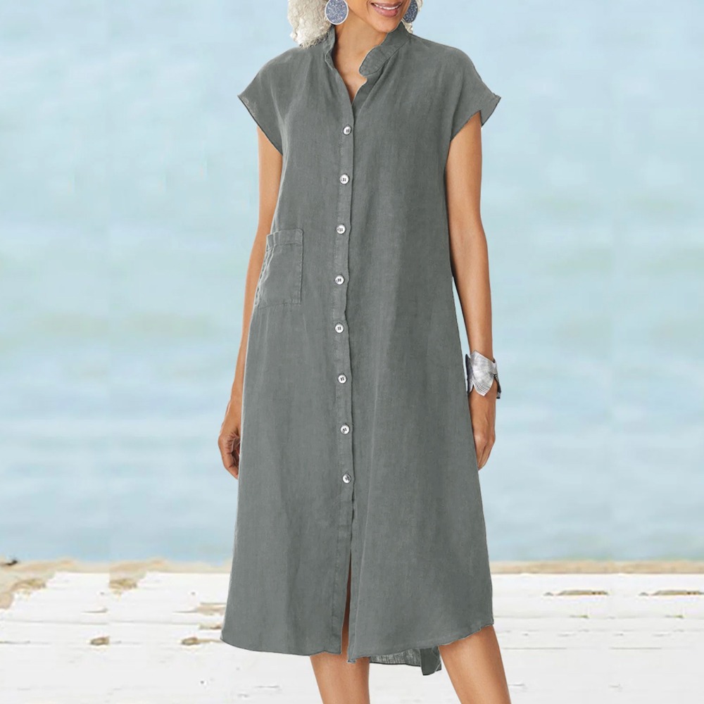 Gaun Kemeja Hitam Kasual Wanit - Casual Loose Linen Shirt Dress ulasan dan harga