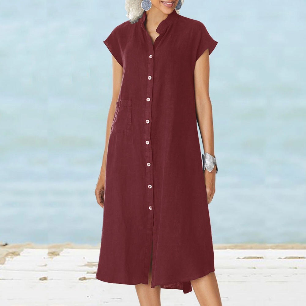 Gaun Kemeja Hitam Kasual Wanit - Casual Loose Linen Shirt Dress ulasan dan harga
