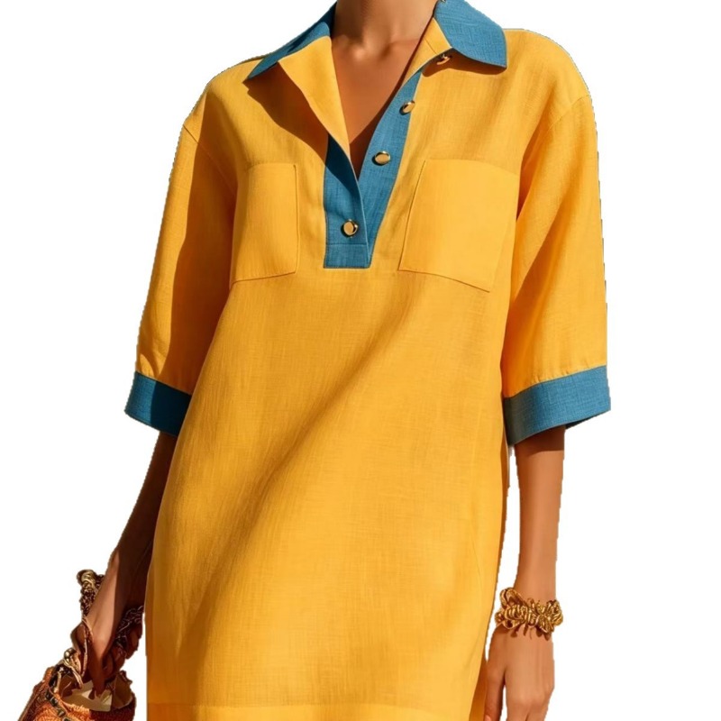 Gaun Polo Wanita Musim Panas E - Casual Loose Linen Shirt Dress ulasan dan harga
