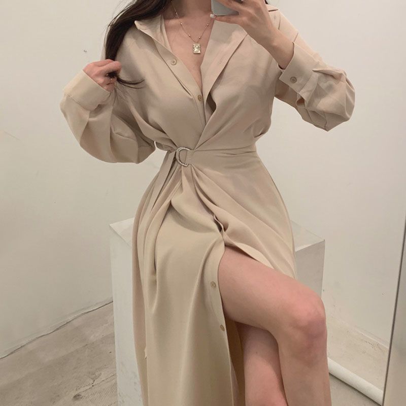Gaun Gaya Kemeja Kerah Lengan  - Korean Style A Line Shirt Dress ulasan dan harga